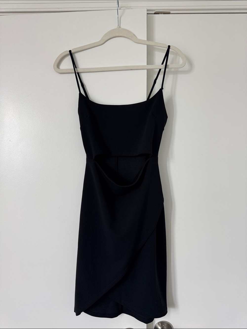 Lulu's Black Spaghetti-Strap Mini Dress with Draped Cutout